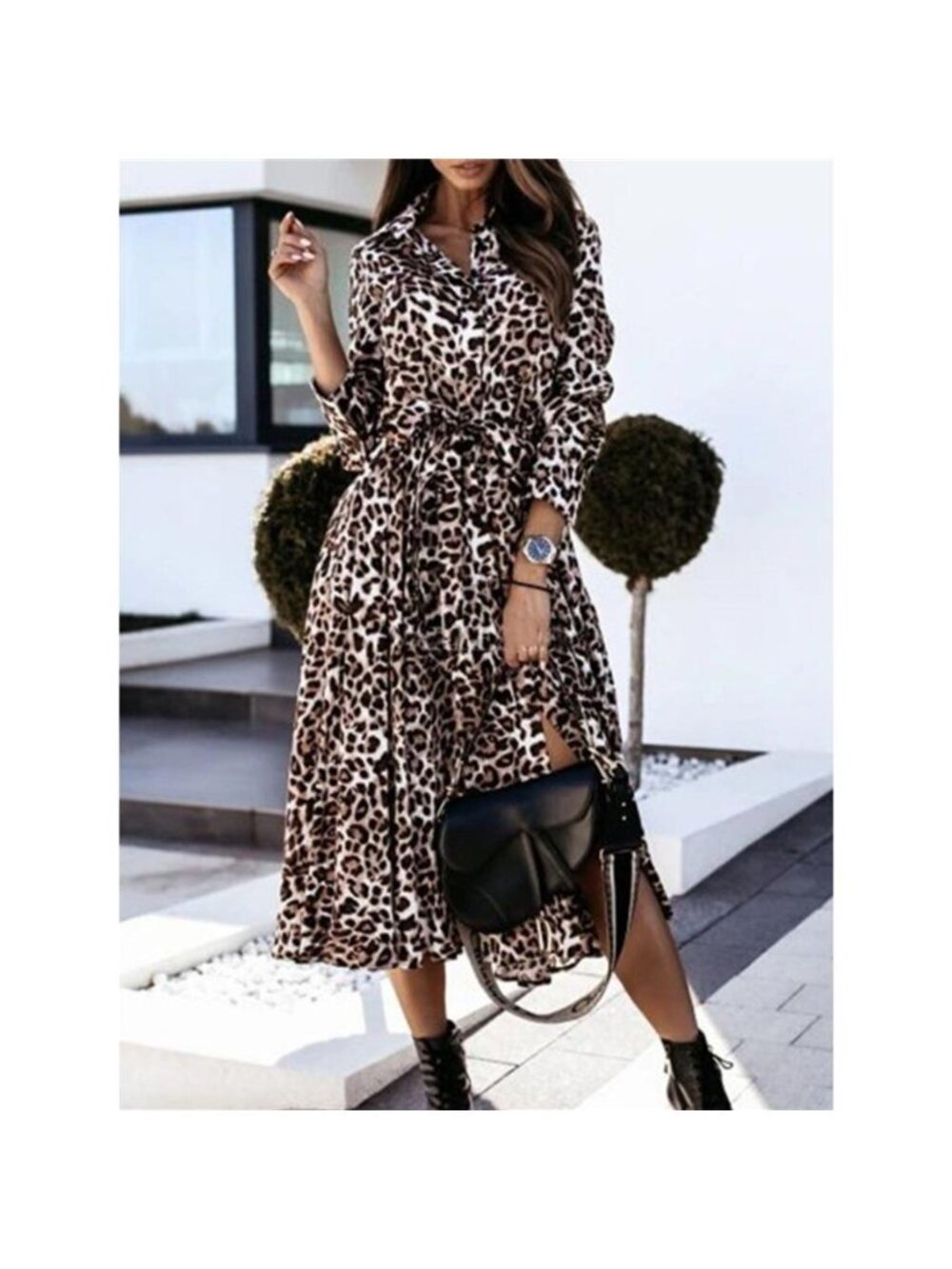 Leopard Print Button-Down Midi Dress with Belt
